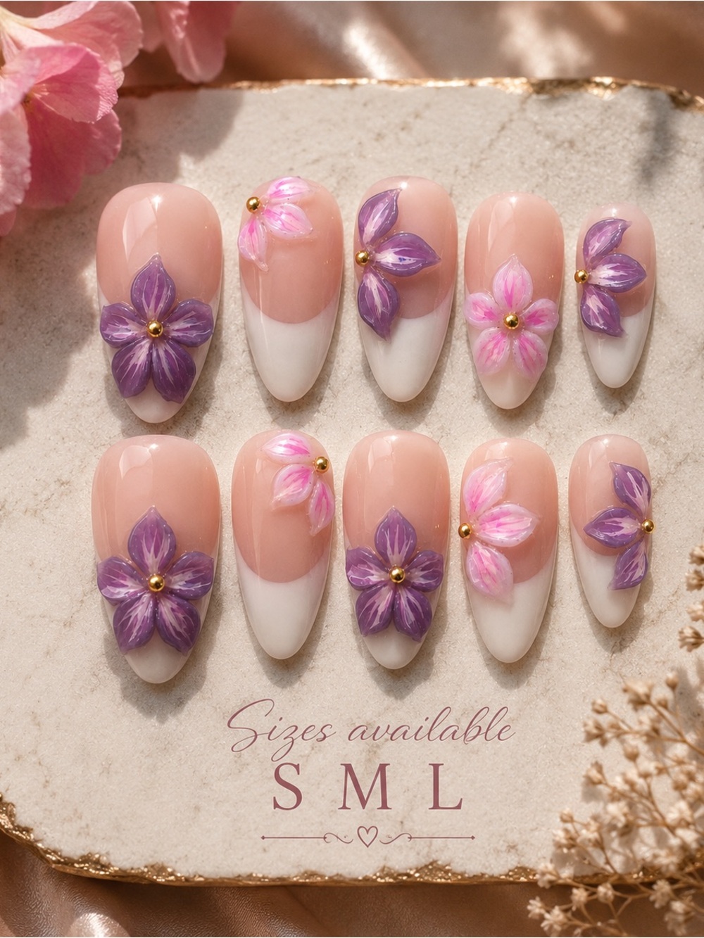 Purple & Pink Floral Press-On Nails 🌸💜